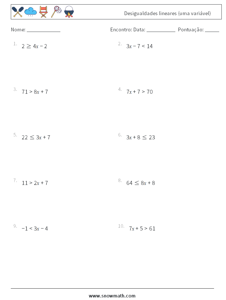 Desigualdades lineares (uma variável) planilhas matemáticas 4
