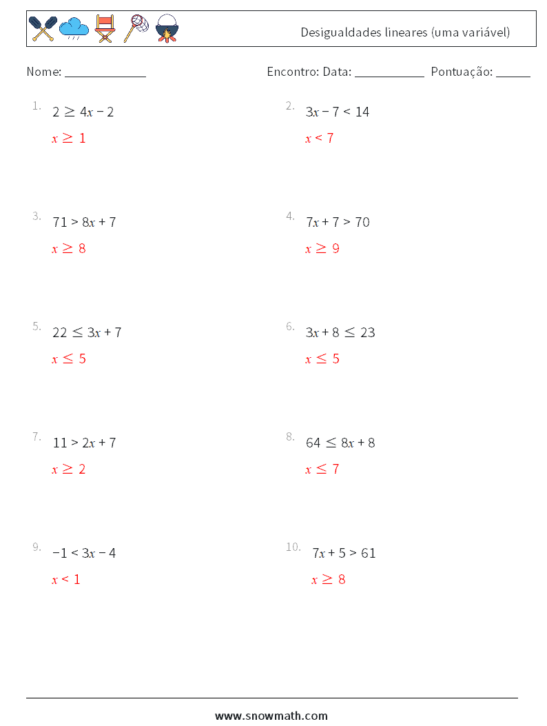 Desigualdades lineares (uma variável) planilhas matemáticas 4 Pergunta, Resposta