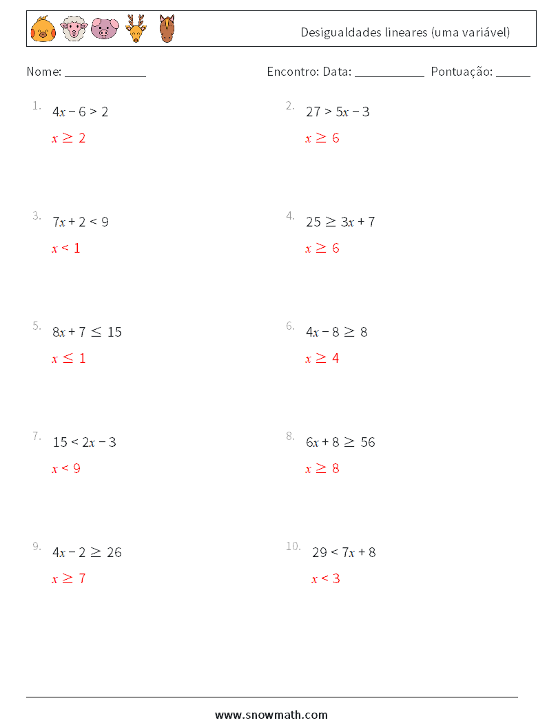 Desigualdades lineares (uma variável) planilhas matemáticas 5 Pergunta, Resposta