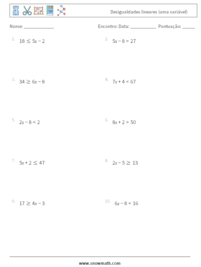 Desigualdades lineares (uma variável) planilhas matemáticas 6