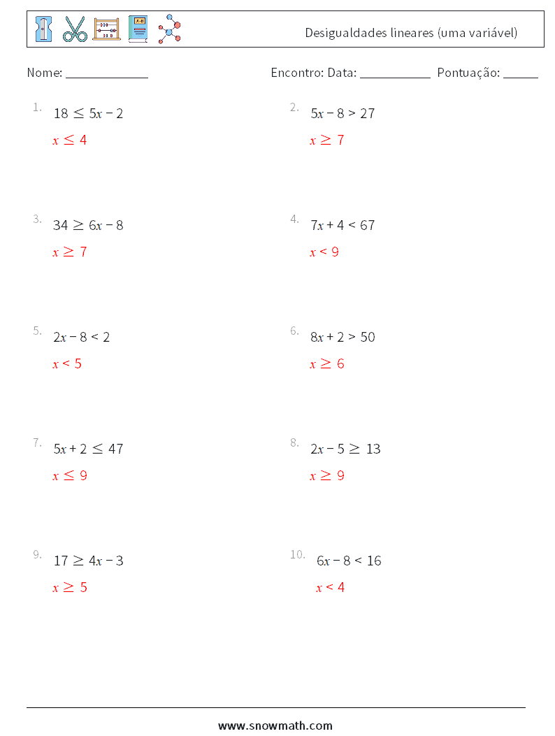Desigualdades lineares (uma variável) planilhas matemáticas 6 Pergunta, Resposta
