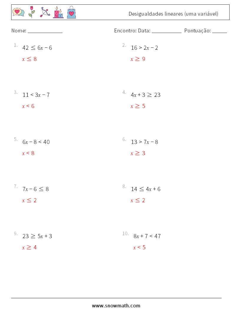 Desigualdades lineares (uma variável) planilhas matemáticas 7 Pergunta, Resposta