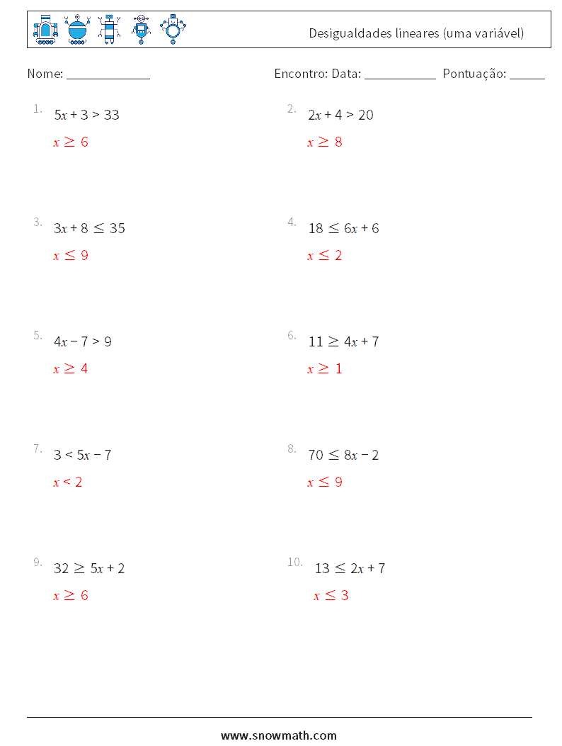 Desigualdades lineares (uma variável) planilhas matemáticas 8 Pergunta, Resposta