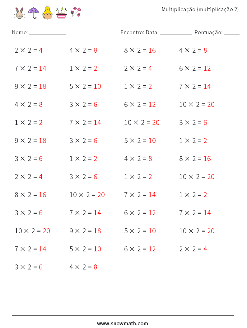 (50) Multiplicação (multiplicação 2) planilhas matemáticas 1 Pergunta, Resposta