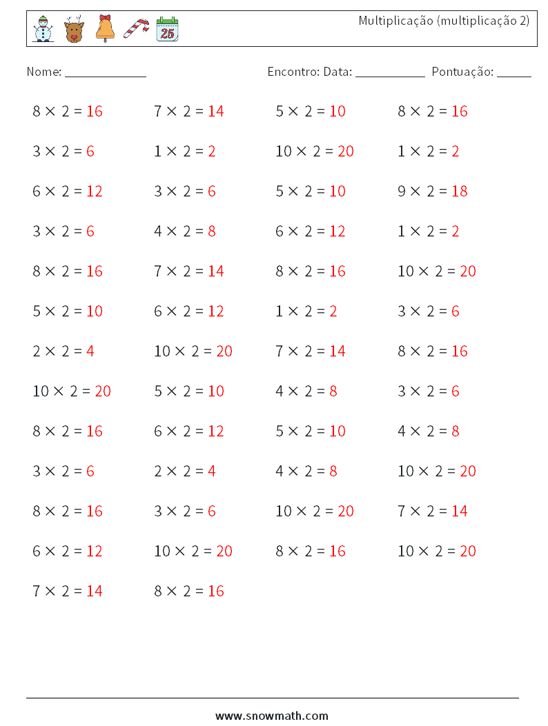 (50) Multiplicação (multiplicação 2) planilhas matemáticas 2 Pergunta, Resposta