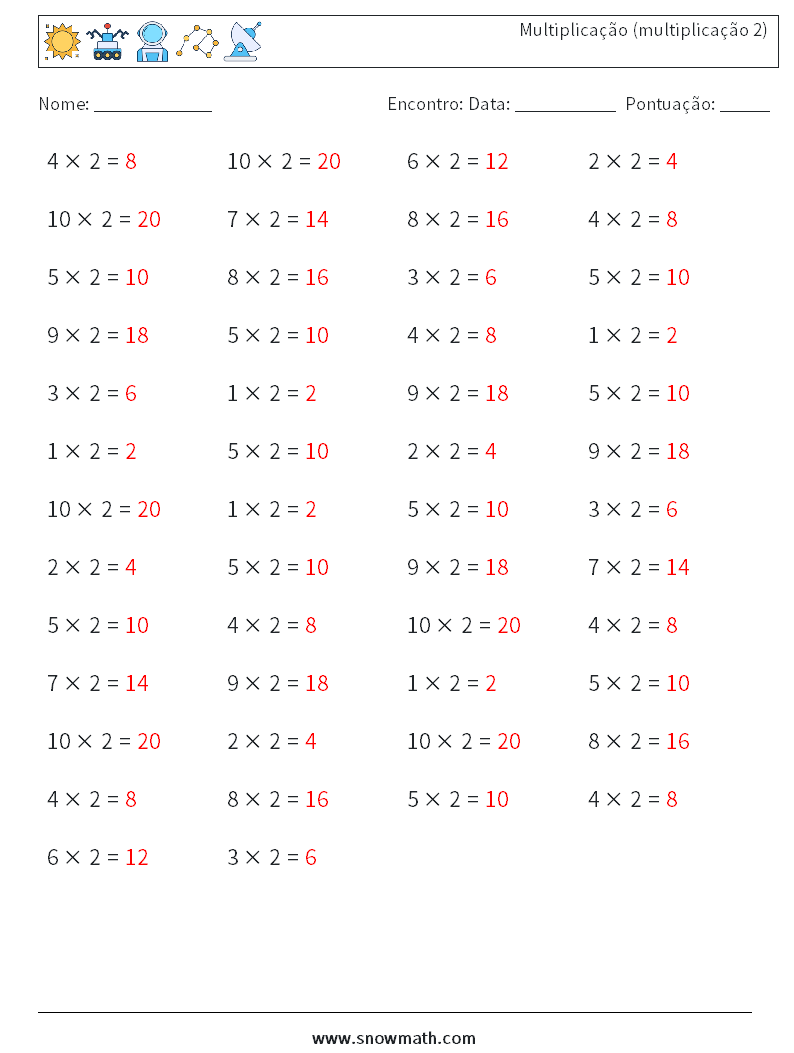 (50) Multiplicação (multiplicação 2) planilhas matemáticas 3 Pergunta, Resposta