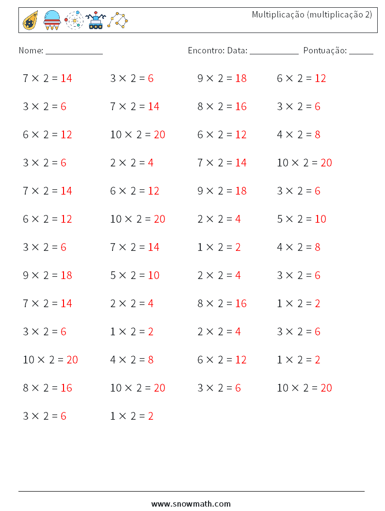 (50) Multiplicação (multiplicação 2) planilhas matemáticas 5 Pergunta, Resposta