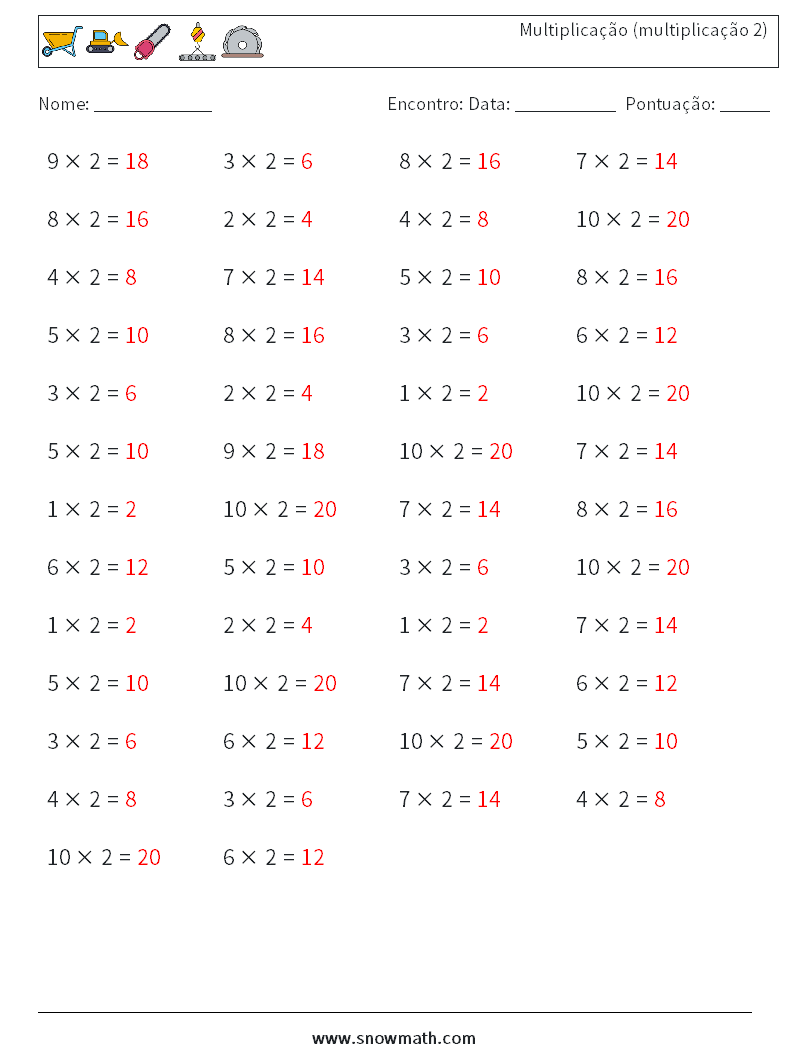 (50) Multiplicação (multiplicação 2) planilhas matemáticas 6 Pergunta, Resposta