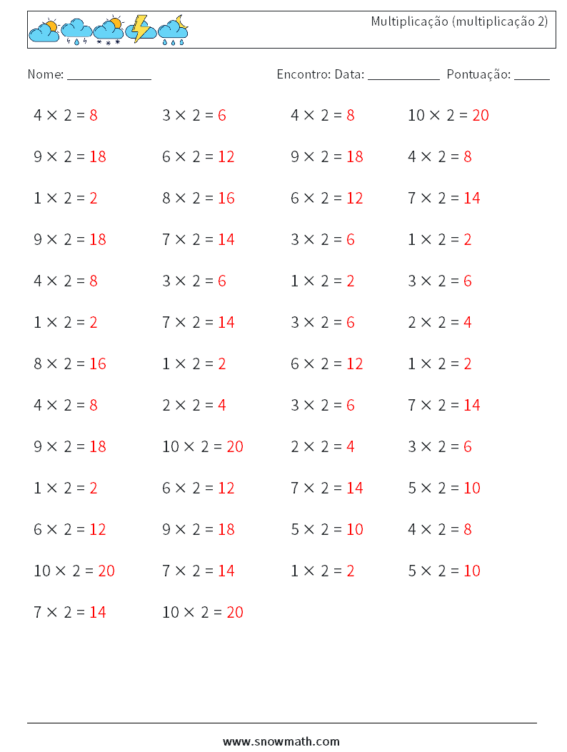 (50) Multiplicação (multiplicação 2) planilhas matemáticas 7 Pergunta, Resposta