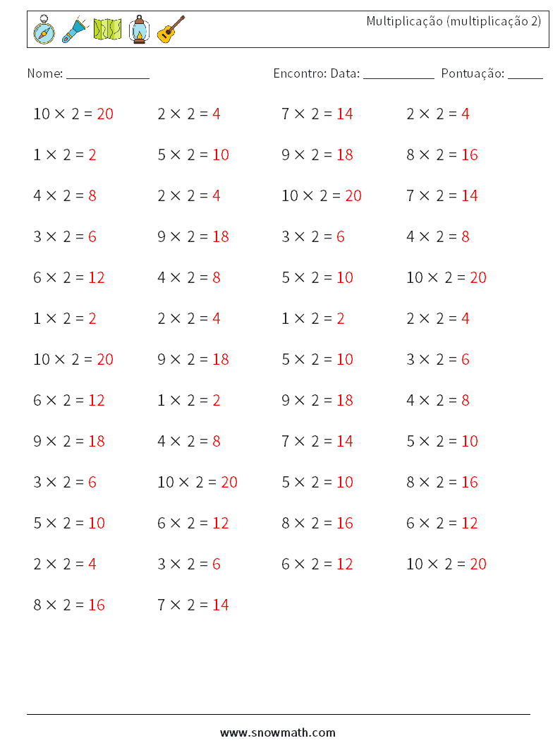 (50) Multiplicação (multiplicação 2) planilhas matemáticas 8 Pergunta, Resposta