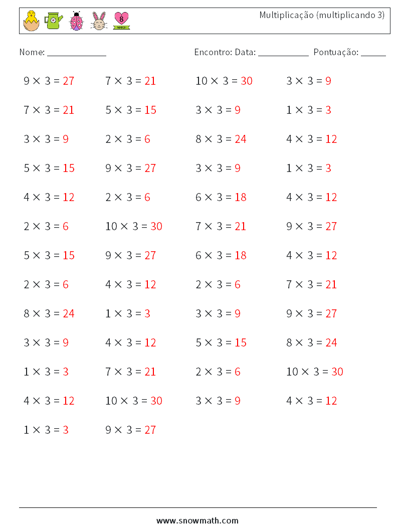 (50) Multiplicação (multiplicando 3) planilhas matemáticas 1 Pergunta, Resposta