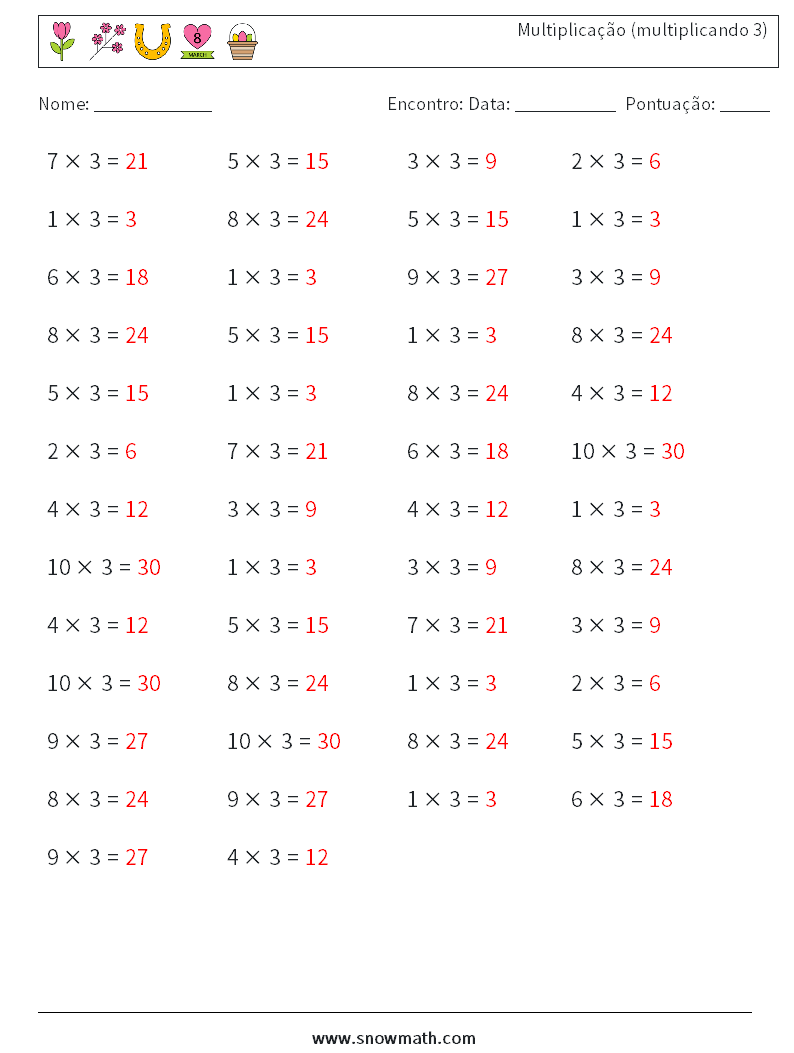 (50) Multiplicação (multiplicando 3) planilhas matemáticas 2 Pergunta, Resposta
