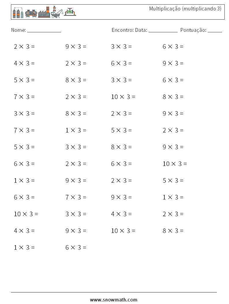 (50) Multiplicação (multiplicando 3) planilhas matemáticas 3