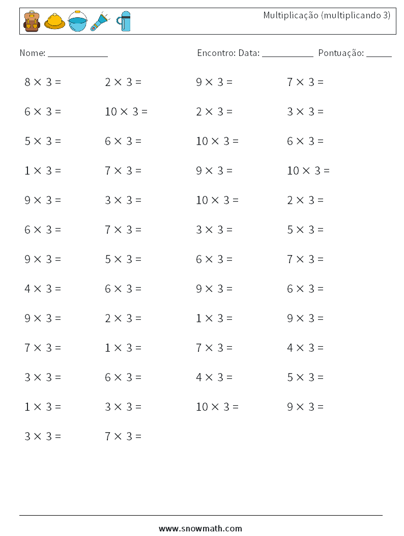 (50) Multiplicação (multiplicando 3) planilhas matemáticas 4