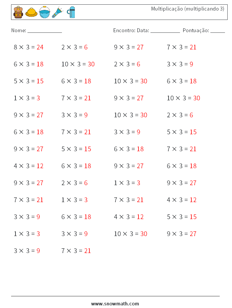 (50) Multiplicação (multiplicando 3) planilhas matemáticas 4 Pergunta, Resposta