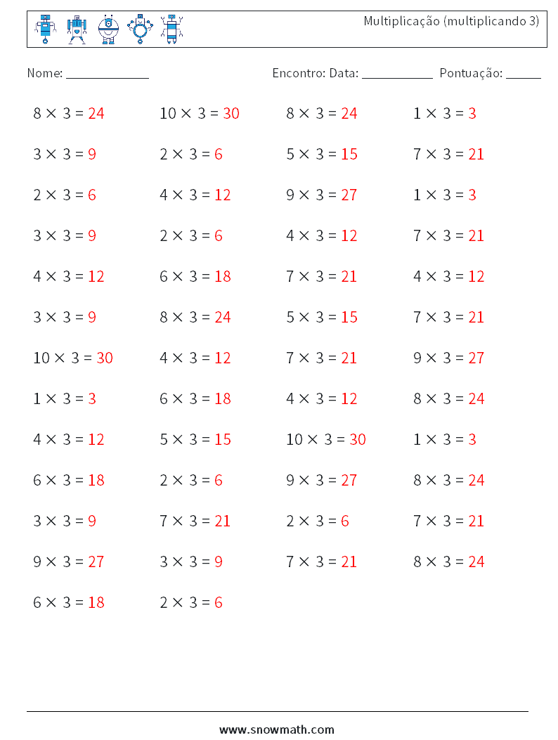 (50) Multiplicação (multiplicando 3) planilhas matemáticas 5 Pergunta, Resposta