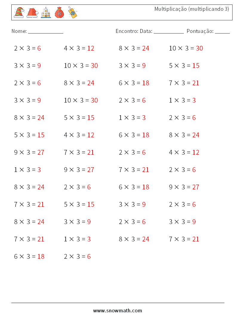 (50) Multiplicação (multiplicando 3) planilhas matemáticas 6 Pergunta, Resposta
