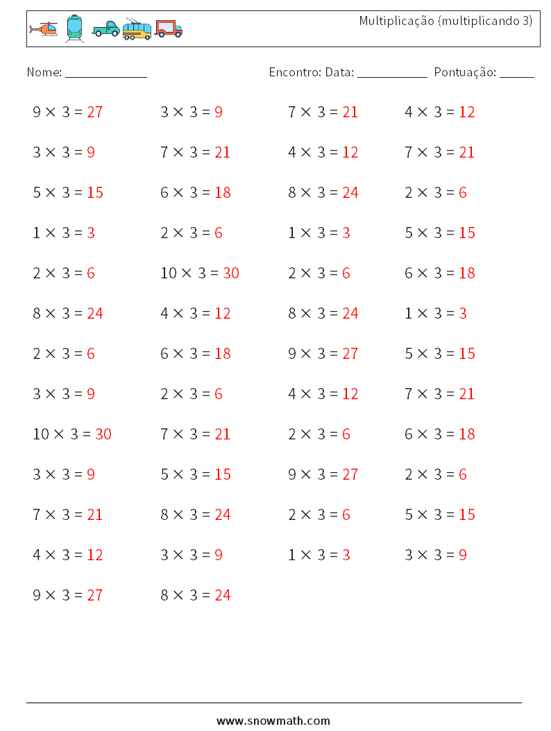 (50) Multiplicação (multiplicando 3) planilhas matemáticas 7 Pergunta, Resposta