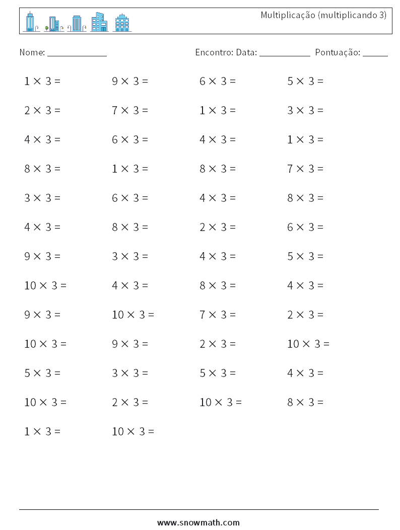 (50) Multiplicação (multiplicando 3) planilhas matemáticas 8