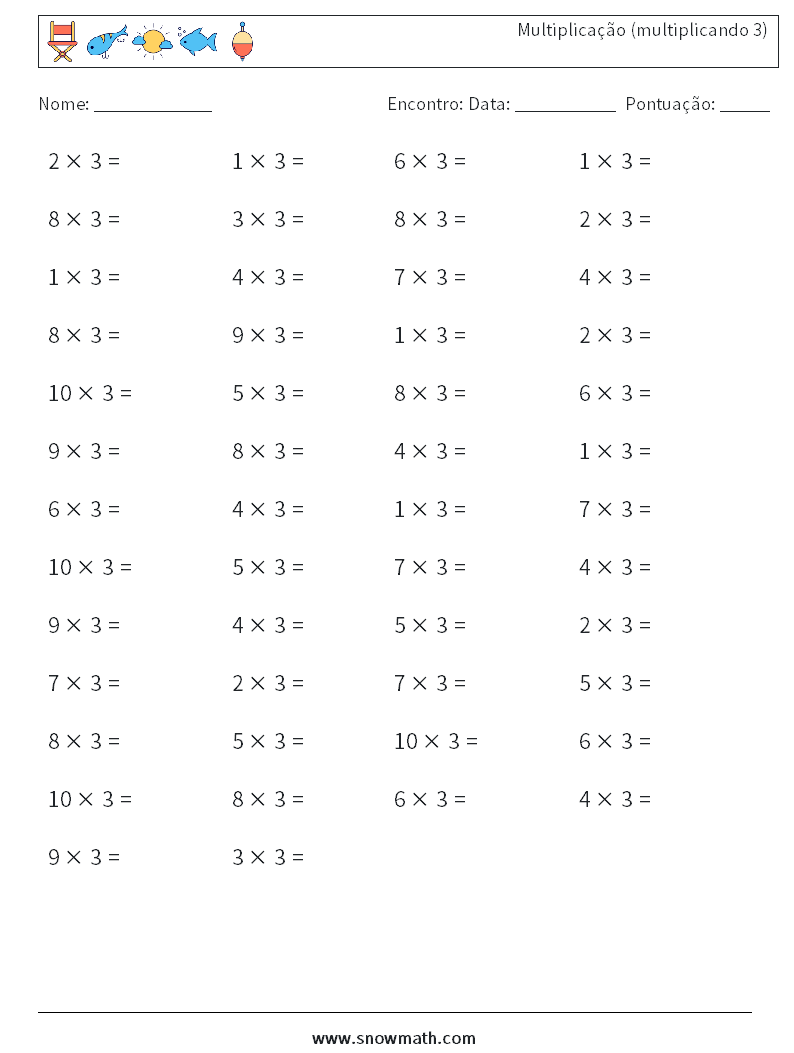 (50) Multiplicação (multiplicando 3) planilhas matemáticas 9