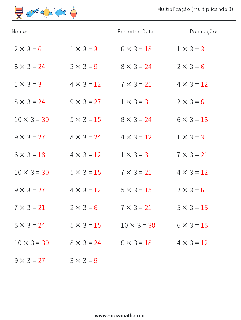 (50) Multiplicação (multiplicando 3) planilhas matemáticas 9 Pergunta, Resposta
