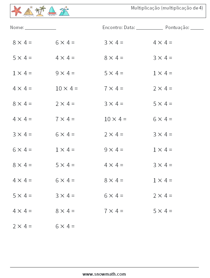 (50) Multiplicação (multiplicação de 4) planilhas matemáticas 2