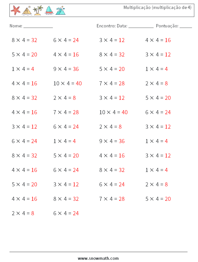 (50) Multiplicação (multiplicação de 4) planilhas matemáticas 2 Pergunta, Resposta
