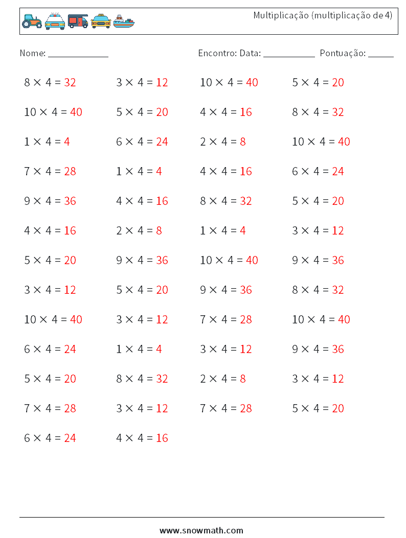 (50) Multiplicação (multiplicação de 4) planilhas matemáticas 3 Pergunta, Resposta