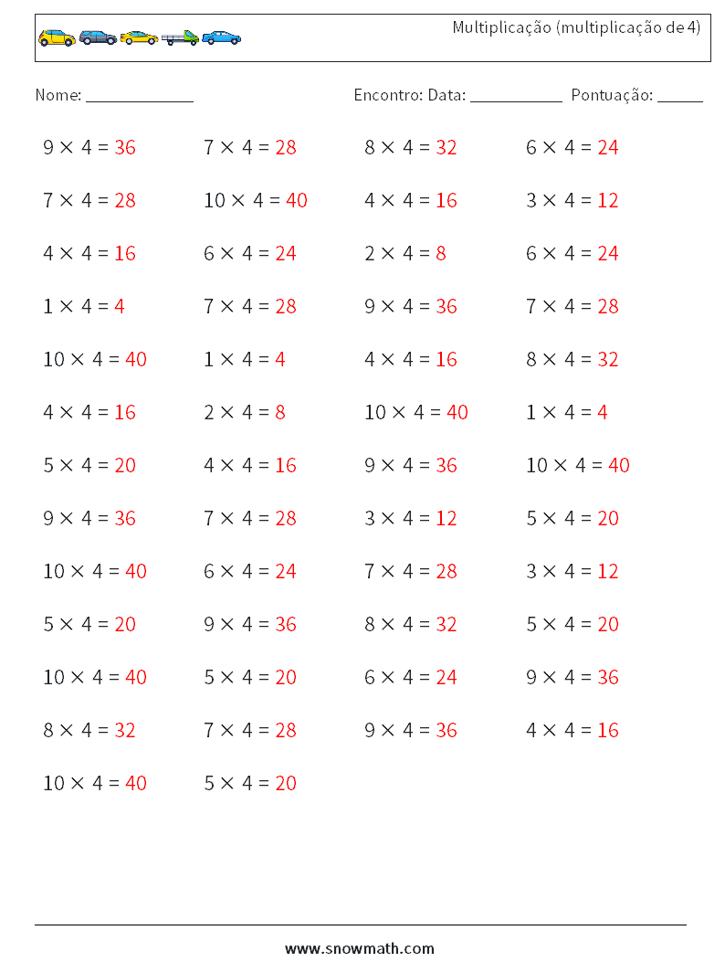 (50) Multiplicação (multiplicação de 4) planilhas matemáticas 4 Pergunta, Resposta