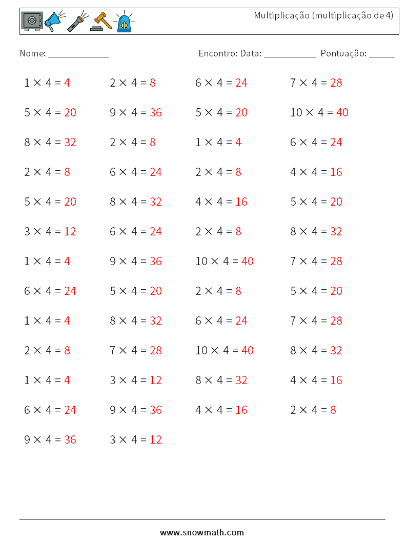 (50) Multiplicação (multiplicação de 4) planilhas matemáticas 5 Pergunta, Resposta