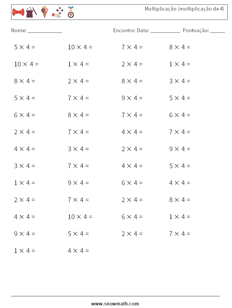 (50) Multiplicação (multiplicação de 4) planilhas matemáticas 6