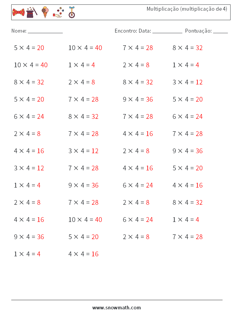 (50) Multiplicação (multiplicação de 4) planilhas matemáticas 6 Pergunta, Resposta