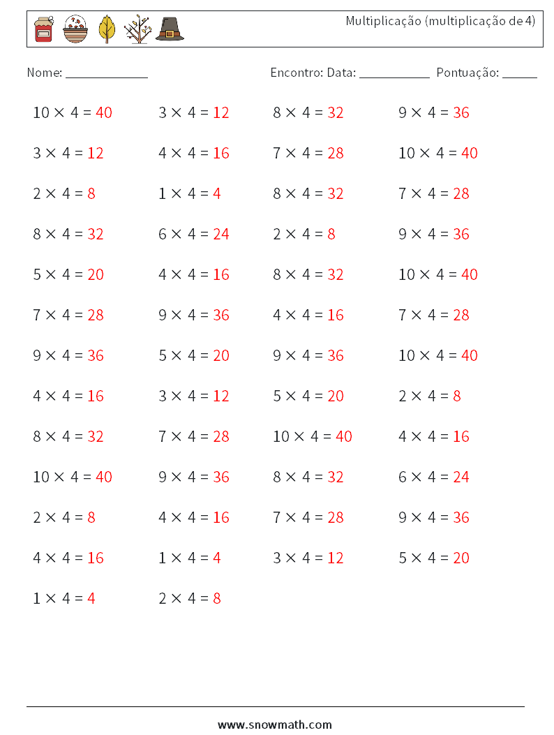 (50) Multiplicação (multiplicação de 4) planilhas matemáticas 7 Pergunta, Resposta