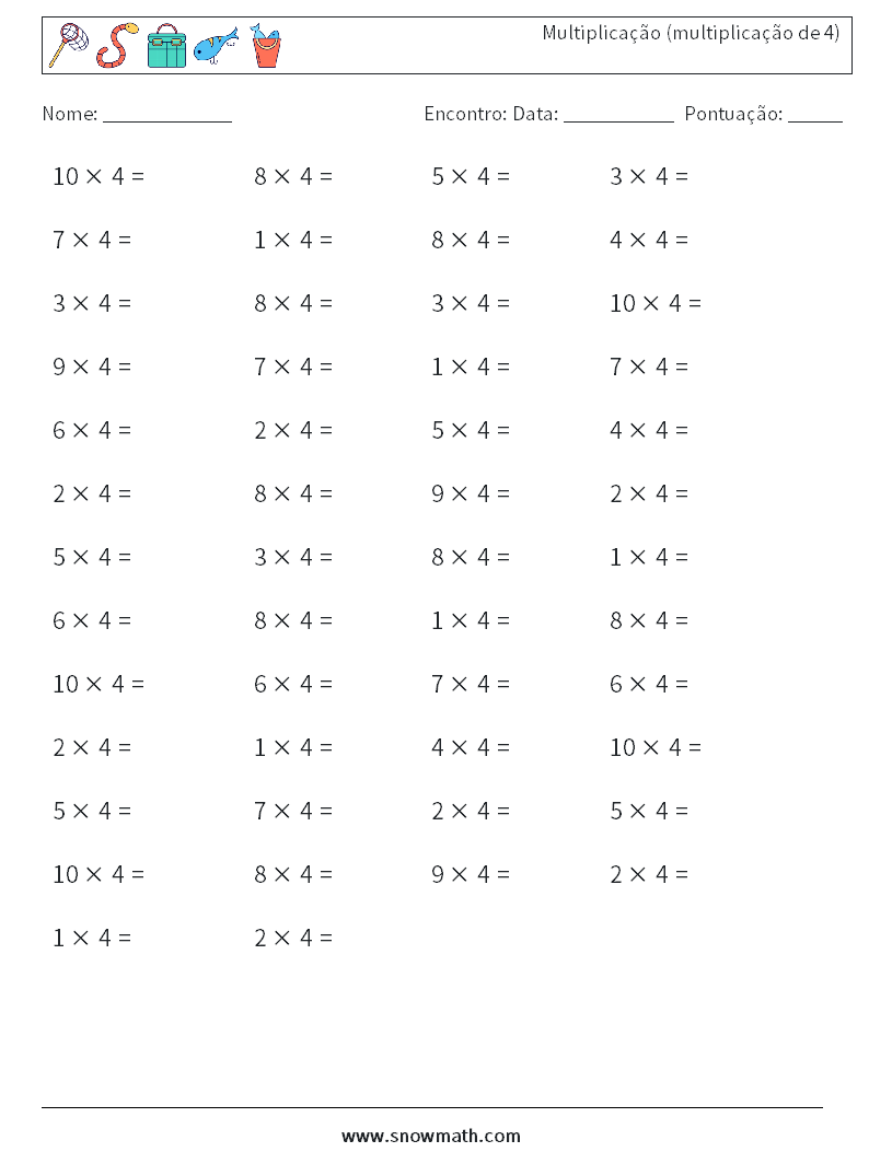 (50) Multiplicação (multiplicação de 4) planilhas matemáticas 8