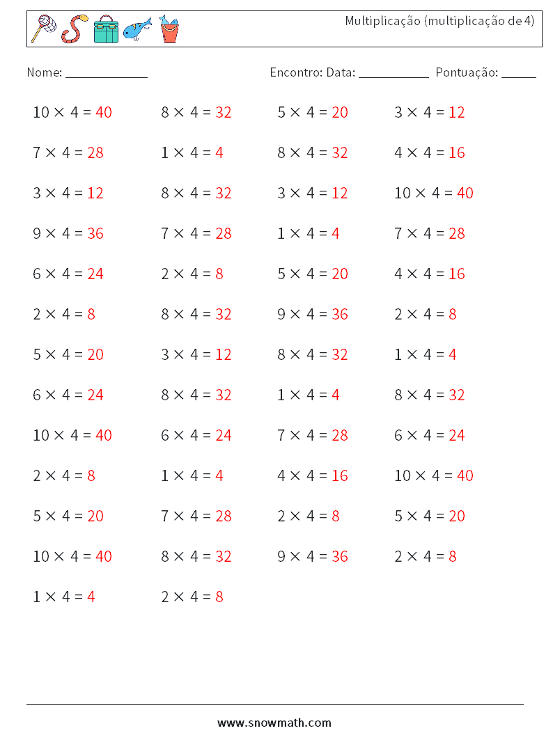 (50) Multiplicação (multiplicação de 4) planilhas matemáticas 8 Pergunta, Resposta