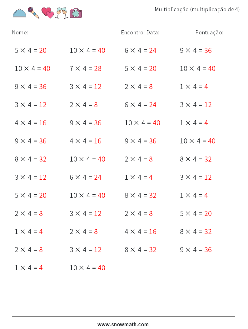 (50) Multiplicação (multiplicação de 4) planilhas matemáticas 9 Pergunta, Resposta