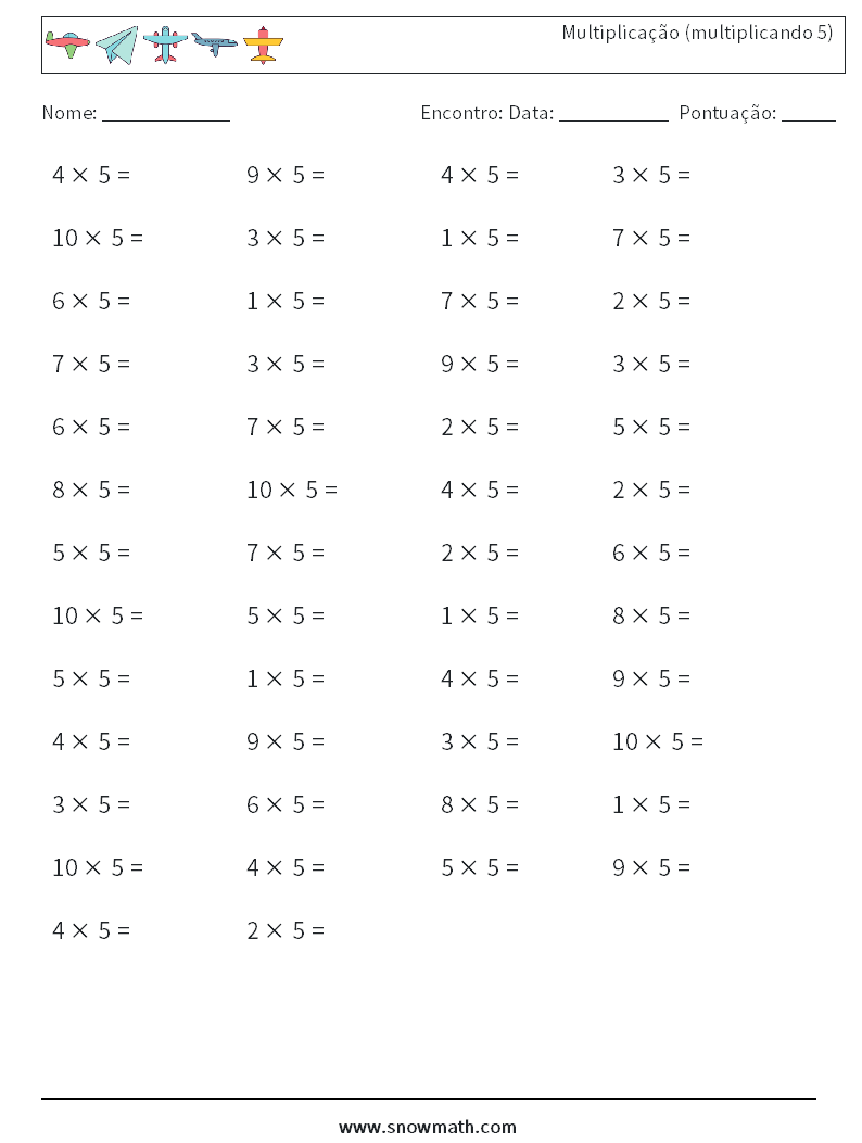 (50) Multiplicação (multiplicando 5) planilhas matemáticas 1