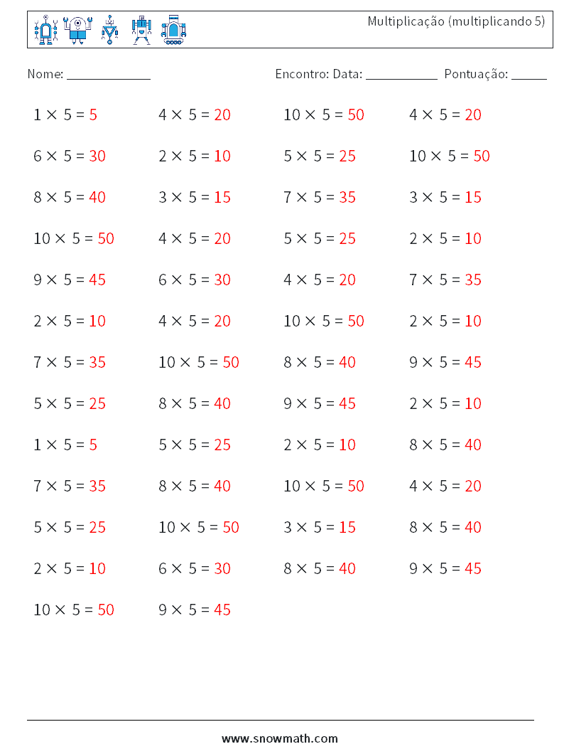 (50) Multiplicação (multiplicando 5) planilhas matemáticas 6 Pergunta, Resposta