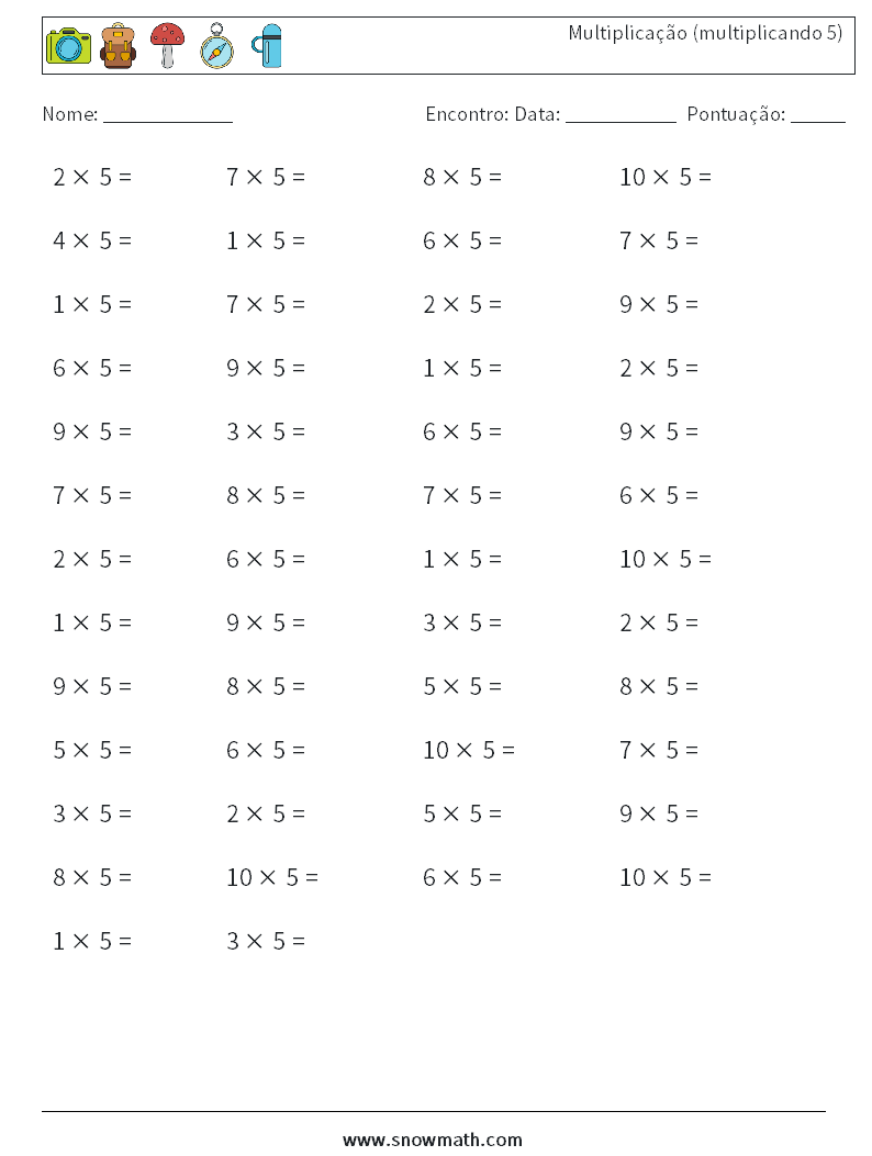 (50) Multiplicação (multiplicando 5) planilhas matemáticas 8