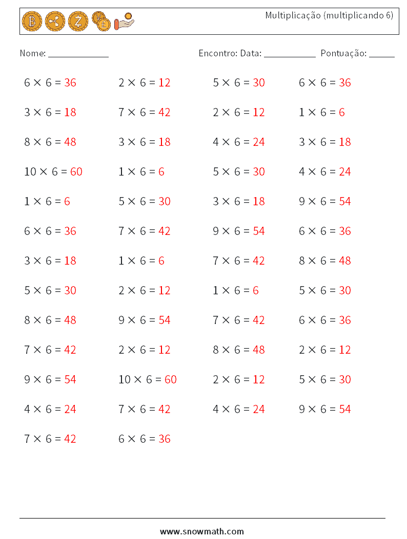 (50) Multiplicação (multiplicando 6) planilhas matemáticas 1 Pergunta, Resposta