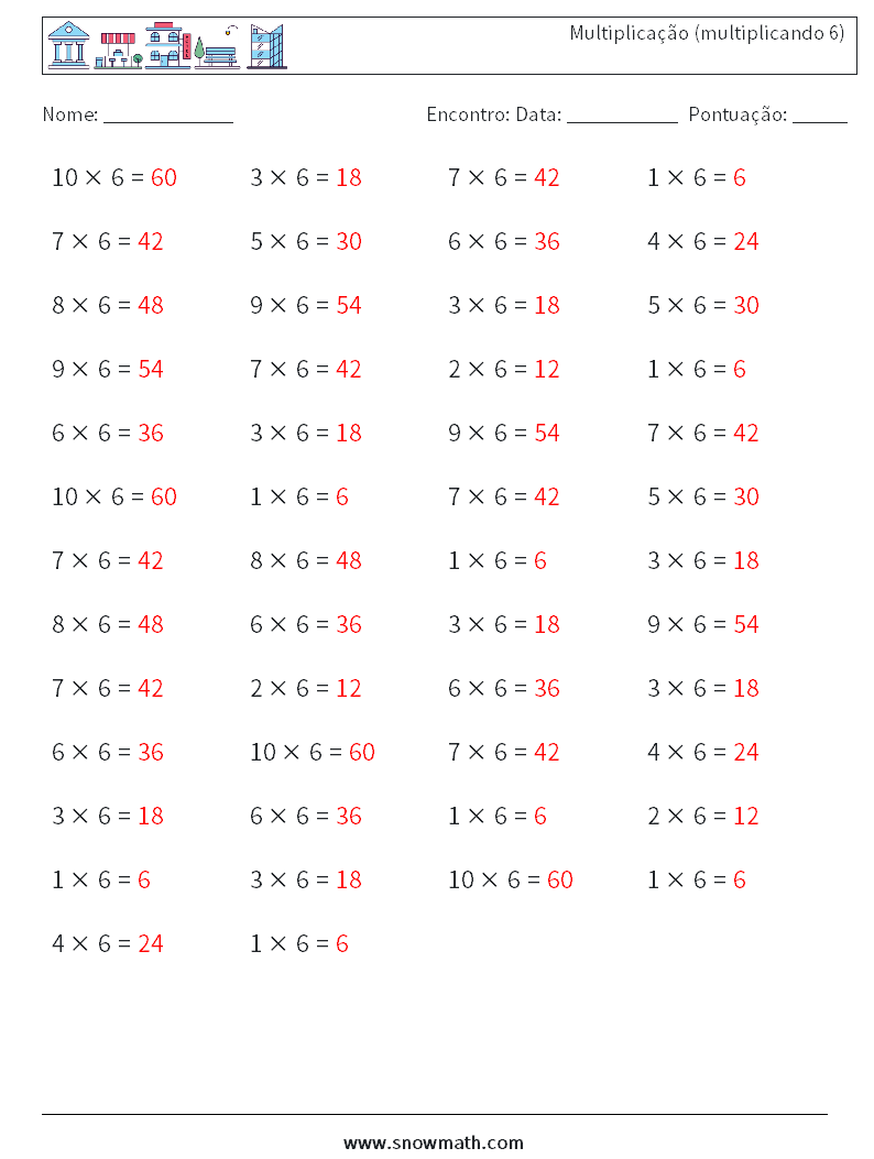 (50) Multiplicação (multiplicando 6) planilhas matemáticas 2 Pergunta, Resposta