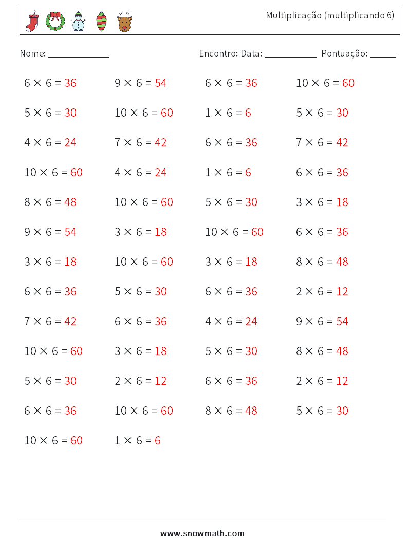 (50) Multiplicação (multiplicando 6) planilhas matemáticas 3 Pergunta, Resposta
