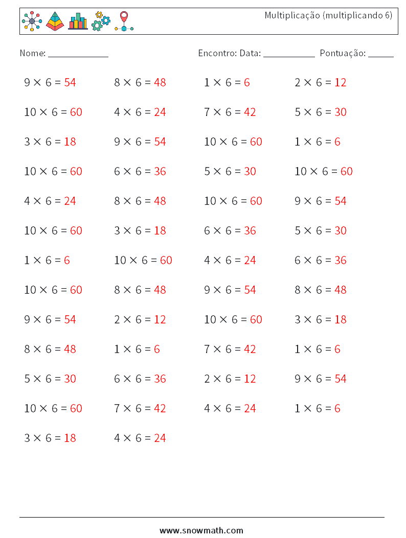 (50) Multiplicação (multiplicando 6) planilhas matemáticas 5 Pergunta, Resposta