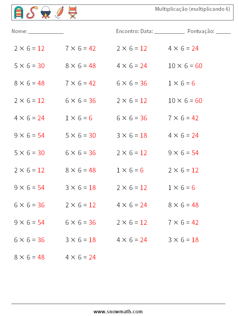 (50) Multiplicação (multiplicando 6) planilhas matemáticas 7 Pergunta, Resposta