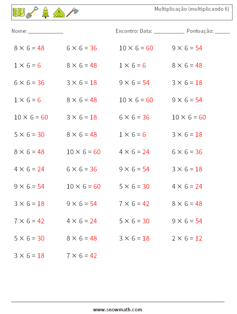 (50) Multiplicação (multiplicando 6) planilhas matemáticas 8 Pergunta, Resposta