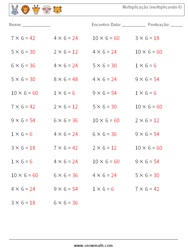 (50) Multiplicação (multiplicando 6) planilhas matemáticas 9 Pergunta, Resposta