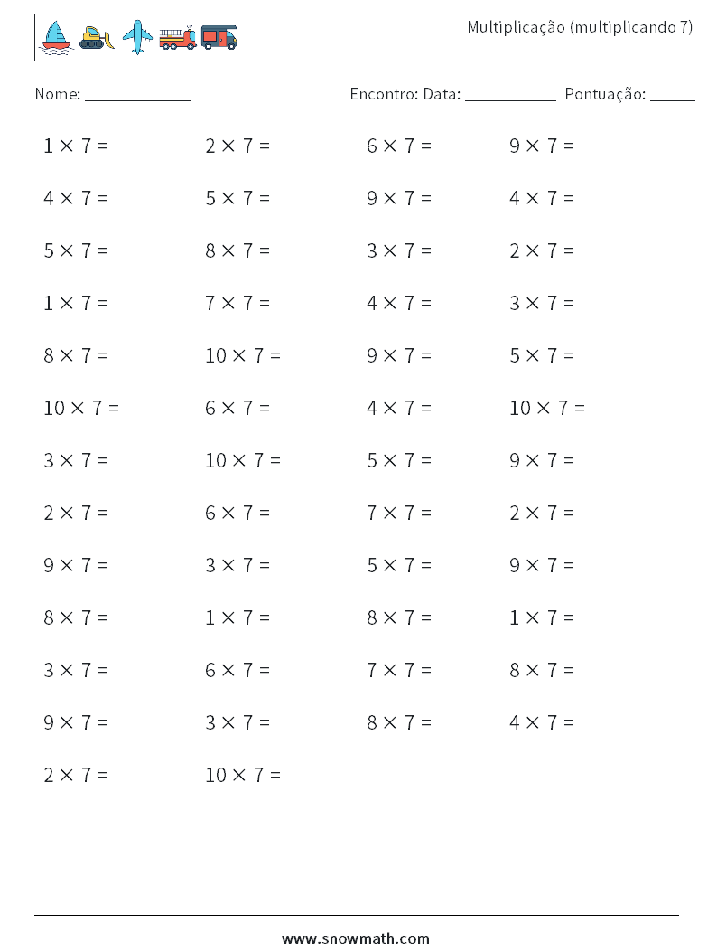 (50) Multiplicação (multiplicando 7) planilhas matemáticas 1