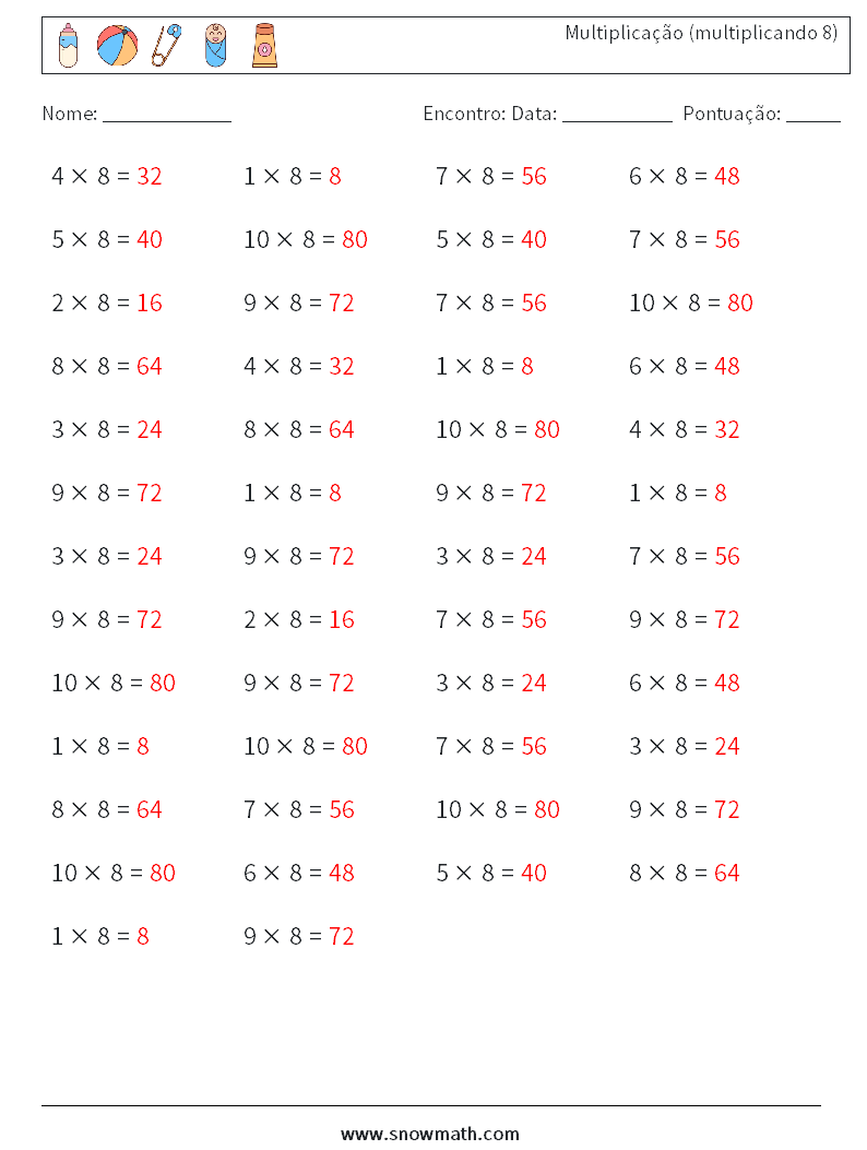 (50) Multiplicação (multiplicando 8) planilhas matemáticas 1 Pergunta, Resposta