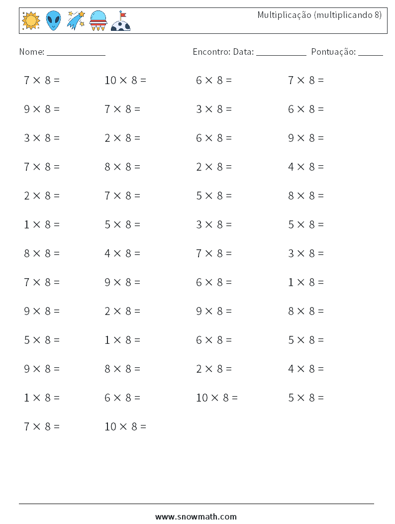 (50) Multiplicação (multiplicando 8) planilhas matemáticas 2