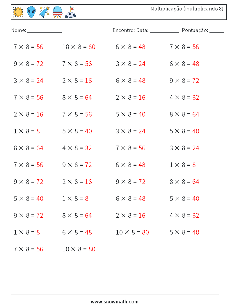 (50) Multiplicação (multiplicando 8) planilhas matemáticas 2 Pergunta, Resposta